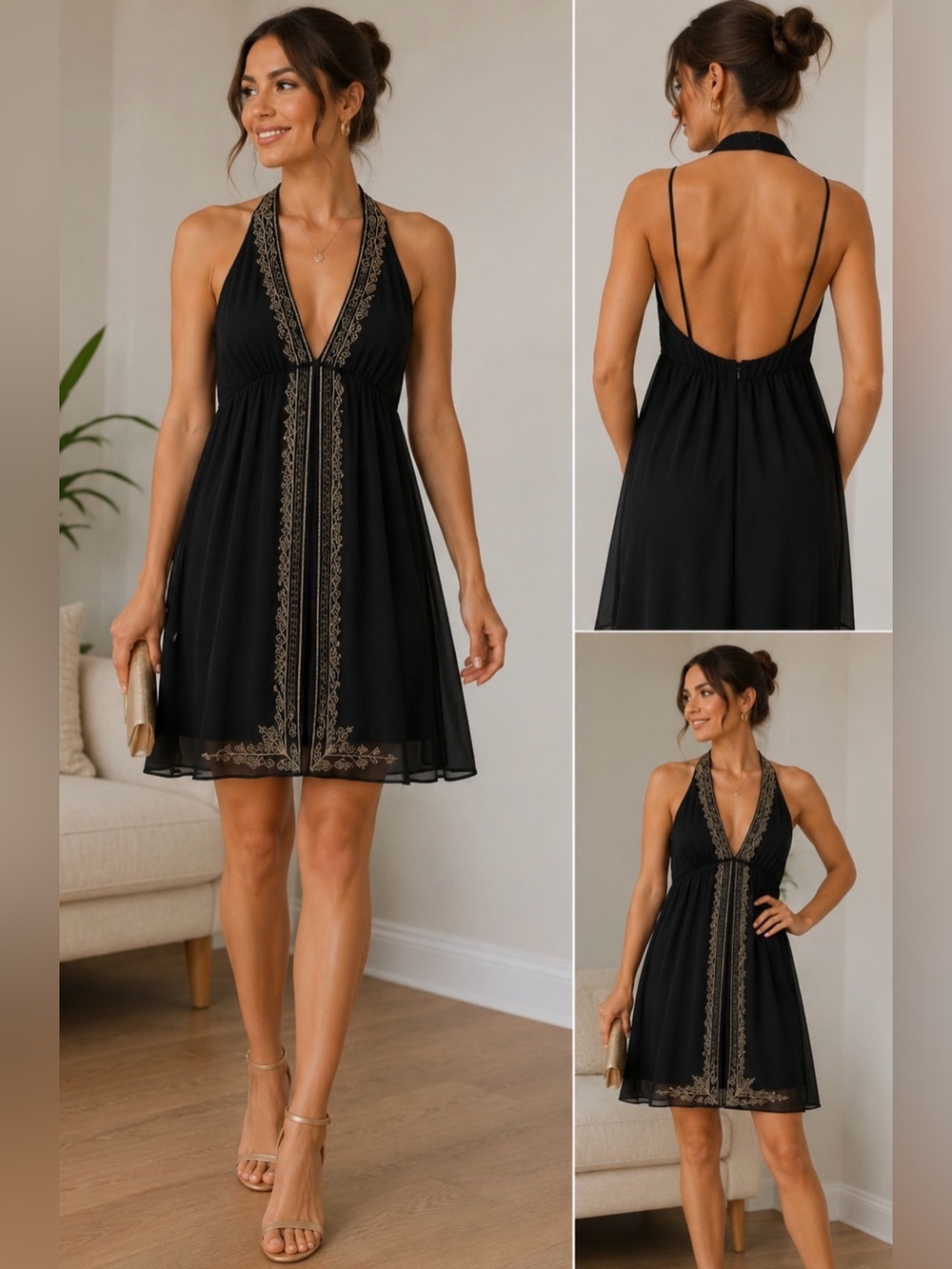 Max and Cleo Black Gold Embroidered Halter Midi Dress Size 4